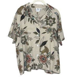 Hot Cotton by Marc Ware Shirt Womens XL Beige Floral Print Button Up Linen Top